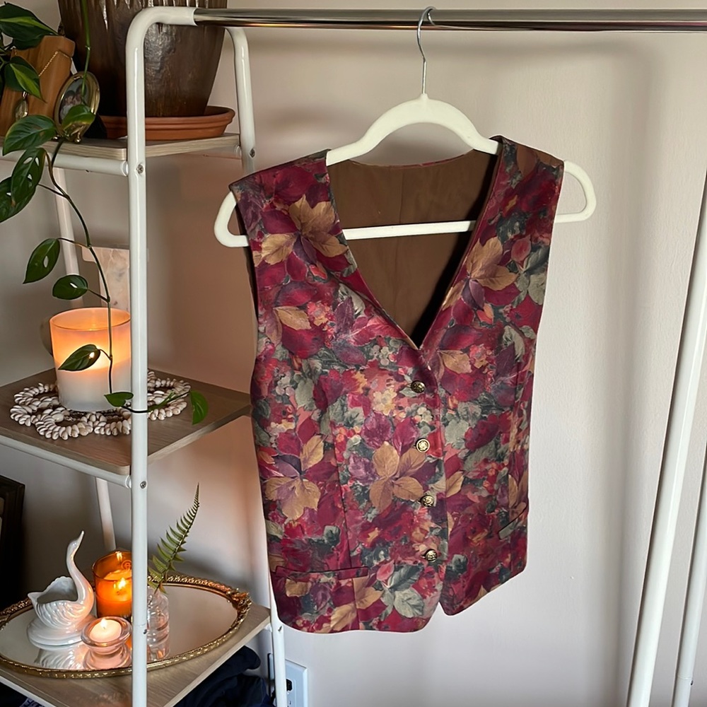 🍂 Vintage 90s Fall Foliage Floral Vest Autumn Cottagecore Adjustable Back